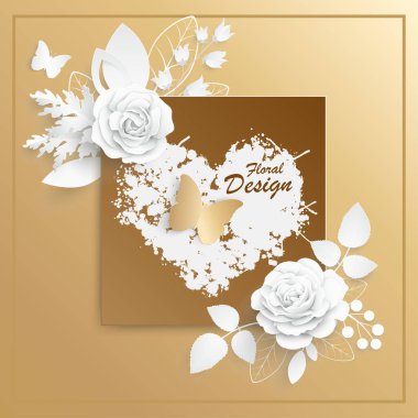 Kağıt çiçek. Soyut kesilmiş çiçekli kare çerçeve. Beyaz gül. Bir kalp. Düğün süslemeleri. Dekoratif gelin buketi. Tebrik kartı şablonu. Geçmişi. Vektör illüstrasyonu.