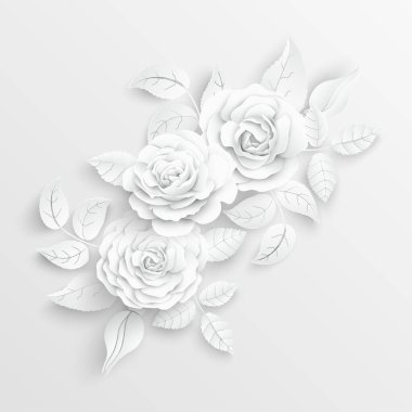 Kağıt çiçek. Kağıttan kesilmiş beyaz güller. Düğün süslemeleri. Dekoratif gelin buketi, soyutlanmış çiçek tasarımı elementleri. Tebrik kartı şablonu. Vektör illüstrasyonu.