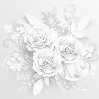 Kağıt çiçek. Kağıttan kesilmiş beyaz güller. Düğün süslemeleri. Dekoratif gelin buketi, soyutlanmış çiçek tasarımı elementleri. Tebrik kartı şablonu. Vektör illüstrasyonu.