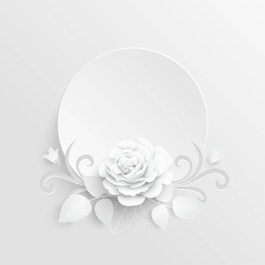 Kağıt çiçek. Soyut kesilmiş çiçekli yuvarlak çerçeve. Beyaz gül. Düğün süslemeleri. Dekoratif gelin buketi. Tebrik kartı şablonu. Geçmişi. Vektör illüstrasyonu