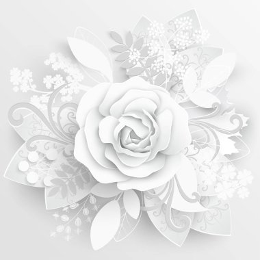 Kağıt çiçek. Kağıttan kesilmiş beyaz güller. Düğün süslemeleri. Dekoratif gelin buketi, soyutlanmış çiçek tasarımı elementleri. Tebrik kartı şablonu. Vektör illüstrasyonu.