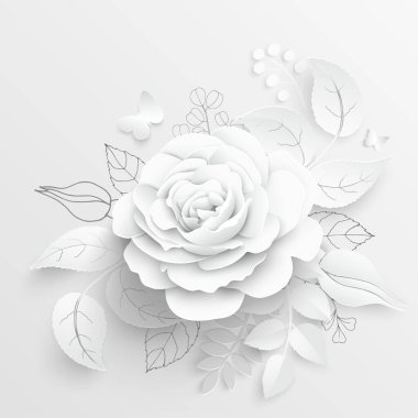Kağıt çiçek. Kağıttan kesilmiş beyaz güller. Düğün süslemeleri. Dekoratif gelin buketi, soyutlanmış çiçek tasarımı elementleri. Tebrik kartı şablonu. Vektör illüstrasyonu.