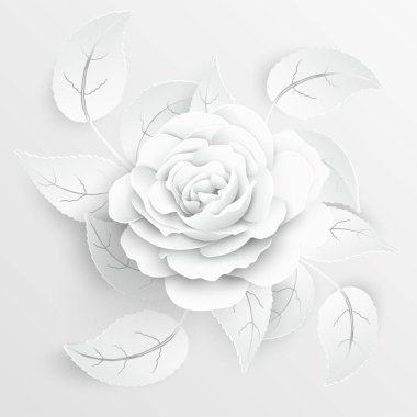 Kağıt çiçek. Kağıttan kesilmiş beyaz güller. Düğün süslemeleri. Dekoratif gelin buketi, soyutlanmış çiçek tasarımı elementleri. Tebrik kartı şablonu. Vektör illüstrasyonu.