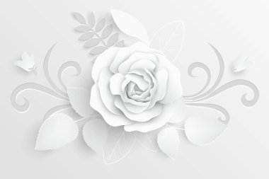 Kağıt çiçek. Kağıttan kesilmiş beyaz güller. Düğün süslemeleri. Dekoratif gelin buketi, soyutlanmış çiçek tasarımı elementleri. Tebrik kartı şablonu. Vektör illüstrasyonu.