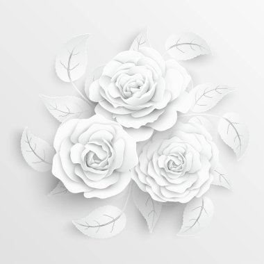 Kağıt çiçek. Kağıttan kesilmiş beyaz güller. Düğün süslemeleri. Dekoratif gelin buketi, soyutlanmış çiçek tasarımı elementleri. Tebrik kartı şablonu. Vektör illüstrasyonu.