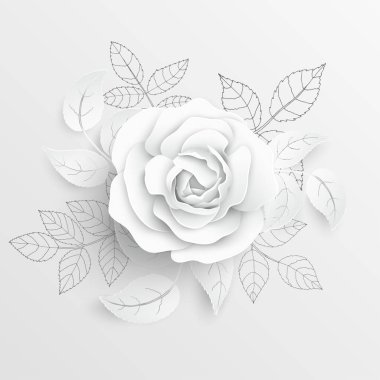 Kağıt çiçek. Kağıttan kesilmiş beyaz güller. Düğün süslemeleri. Dekoratif gelin buketi, soyutlanmış çiçek tasarımı elementleri. Tebrik kartı şablonu. Vektör illüstrasyonu.