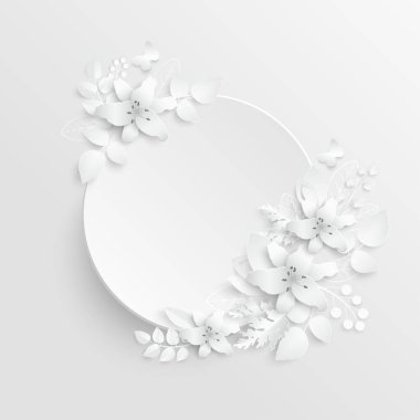 Kağıt çiçek. Kağıttan kesilmiş beyaz zambaklar. Düğün süslemeleri. Dekoratif gelin buketi, soyutlanmış çiçek tasarımı elementleri. Tebrik kartı şablonu. Vektör çizimi. Geçmişi. Arkaplan. 