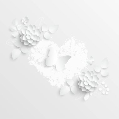 Kağıt çiçek. Kağıttan kesilmiş beyaz nilüfer çiçeği. Düğün süslemeleri. Dekoratif gelin buketi, soyutlanmış çiçek tasarımı elementleri. Tebrik kartı şablonu. Vektör çizimi. Arkaplan. 