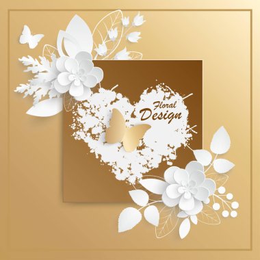 Kağıt çiçek. Soyut kesilmiş çiçekli kare çerçeve. Beyaz gül. Bir kalp. Düğün süslemeleri. Dekoratif gelin buketi. Tebrik kartı şablonu. Geçmişi. Vektör illüstrasyonu.