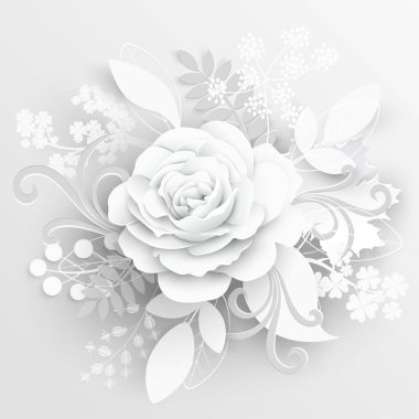 Kağıt çiçek. Kağıttan kesilmiş beyaz güller. Düğün süslemeleri. Dekoratif gelin buketi, soyutlanmış çiçek tasarımı elementleri. Tebrik kartı şablonu. Vektör illüstrasyonu.
