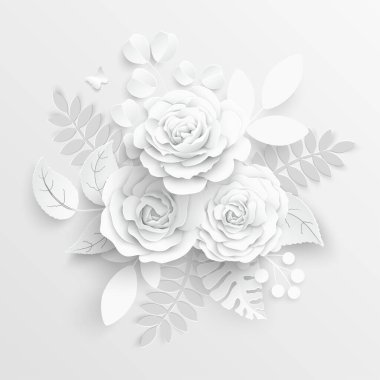 Kağıt çiçek. Kağıttan kesilmiş beyaz güller. Düğün süslemeleri. Dekoratif gelin buketi, soyutlanmış çiçek tasarımı elementleri. Tebrik kartı şablonu. Vektör illüstrasyonu.