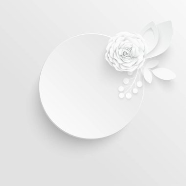 Kağıt çiçek. Soyut kesilmiş çiçekli yuvarlak çerçeve. Beyaz gül. Düğün süslemeleri. Dekoratif gelin buketi. Tebrik kartı şablonu. Geçmişi. Vektör illüstrasyonu