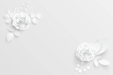 Kağıt çiçek. Kağıttan kesilmiş beyaz güller. Düğün süslemeleri. Dekoratif gelin buketi, soyutlanmış çiçek tasarımı elementleri. Tebrik kartı şablonu. Vektör illüstrasyonu.