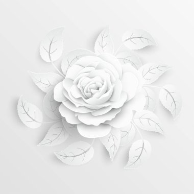 Kağıt çiçek. Kağıttan kesilmiş beyaz güller. Düğün süslemeleri. Dekoratif gelin buketi, soyutlanmış çiçek tasarımı elementleri. Tebrik kartı şablonu. Vektör illüstrasyonu.
