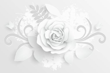 Kağıt çiçek. Kağıttan kesilmiş beyaz güller. Düğün süslemeleri. Dekoratif gelin buketi, soyutlanmış çiçek tasarımı elementleri. Tebrik kartı şablonu. Vektör illüstrasyonu.