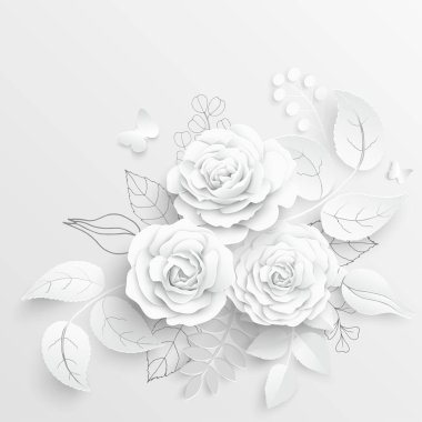 Kağıt çiçek. Kağıttan kesilmiş beyaz güller. Düğün süslemeleri. Dekoratif gelin buketi, soyutlanmış çiçek tasarımı elementleri. Tebrik kartı şablonu. Vektör illüstrasyonu.