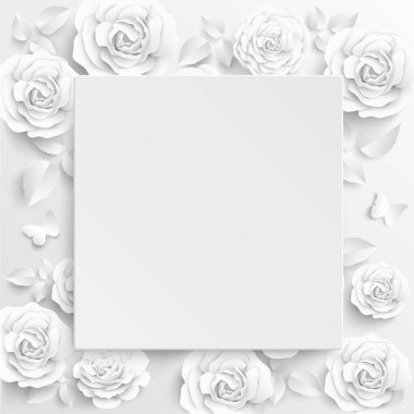 Kağıt çiçek. Soyut kesilmiş çiçekli kare çerçeve. Beyaz gül. Bir kalp. Düğün süslemeleri. Dekoratif gelin buketi. Tebrik kartı şablonu. Geçmişi. Vektör illüstrasyonu.