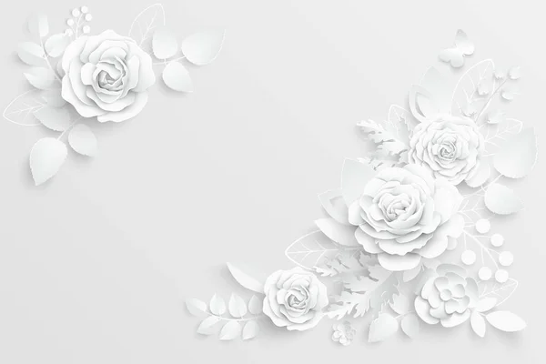 Kağıt çiçek. Kağıttan kesilmiş beyaz güller. Düğün süslemeleri. Dekoratif gelin buketi, soyutlanmış çiçek tasarımı elementleri. Tebrik kartı şablonu. Vektör illüstrasyonu.