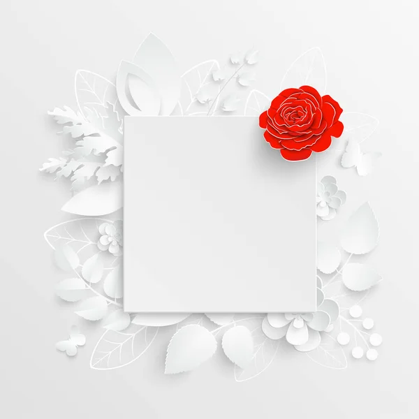 Papírová Květina Čtvercový Rám Abstraktními Květy Bílá Růže Srdce Svatební — Stockový vektor
