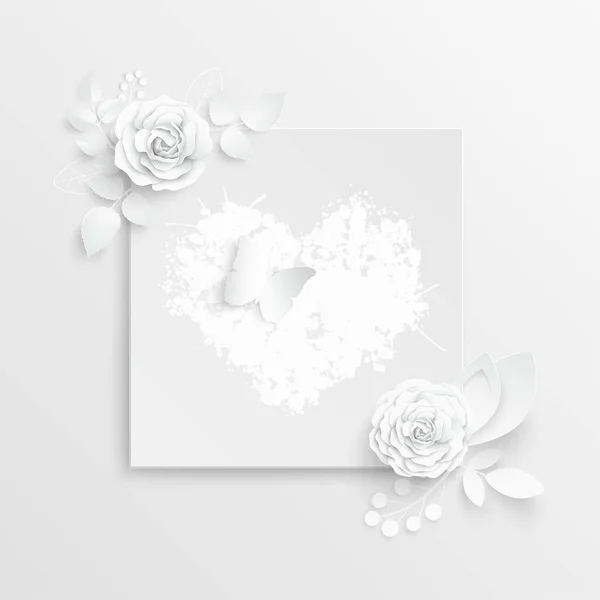 Flor Papel Marco Cuadrado Con Flores Cortadas Abstractas Rosa Blanca — Vector de stock