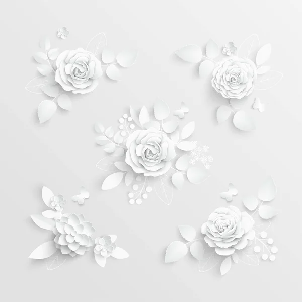 Flor Papel Rosas Blancas Cortadas Papel Decoraciones Boda Ramo Novia — Vector de stock