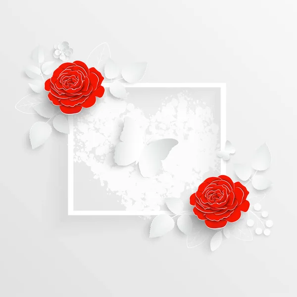 Paperikukka Neliön Runko Abstrakteja Leikkokukkia Valkoinen Ruusu Sydän Hääkoristeet Koristeellinen — vektorikuva