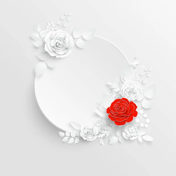 Papieren Bloem Rond Frame Met Abstracte Snijbloemen Witte Roos Bruiloft — Stockvector