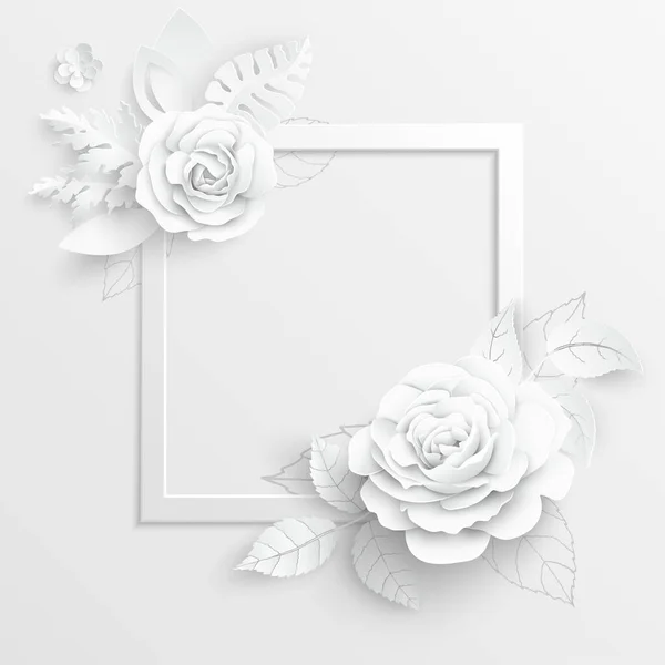 Papieren Bloem Vierkant Frame Met Abstracte Snijbloemen Witte Roos Een — Stockvector