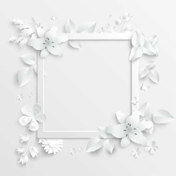 Paper Flower Square Frame Abstract Cut Flowers White Rose Heart — Stock Vector