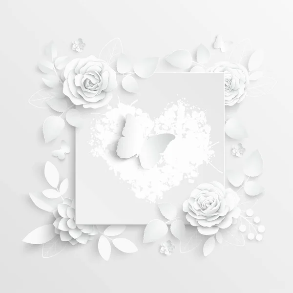 纸花有抽象切花的正方形框架 白玫瑰 一颗心婚礼装饰 装饰新娘花束 问候卡片模板 矢量说明 — 图库矢量图片