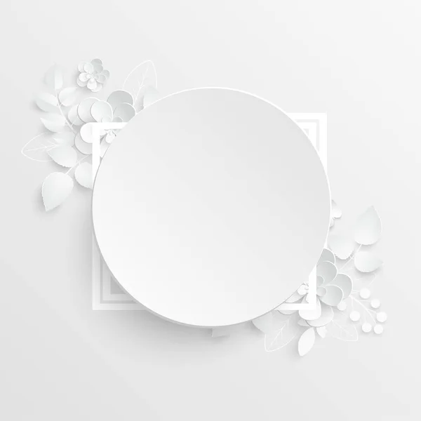 Papírvirág Kerek Keret Absztrakt Vágott Virágokkal Fehér Rózsa Esküvői Dekoráció — Stock Vector