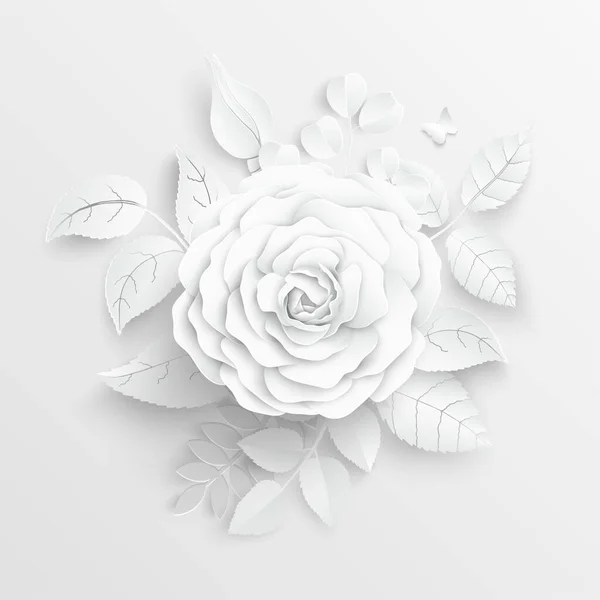 纸花白玫瑰从纸上剪下来 婚礼装饰 装饰新娘花束 孤立的花卉设计元素 问候卡片模板 矢量说明 — 图库矢量图片