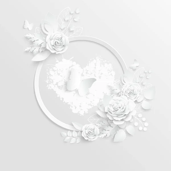 紙の花 抽象的な切り花を持つ丸枠 白いバラ 結婚式の飾り 装飾的なブライダル花束 グリーティングカードのテンプレート ベクターイラスト — ストックベクタ
