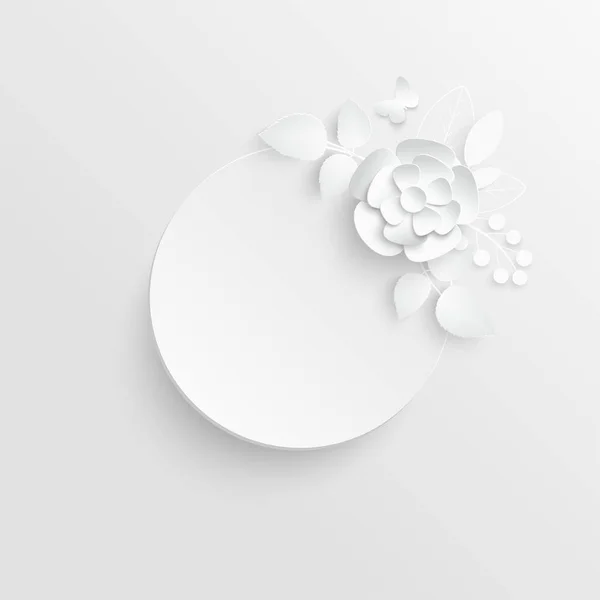 Flor Papel Marco Redondo Con Flores Cortadas Abstractas Rosa Blanca — Vector de stock
