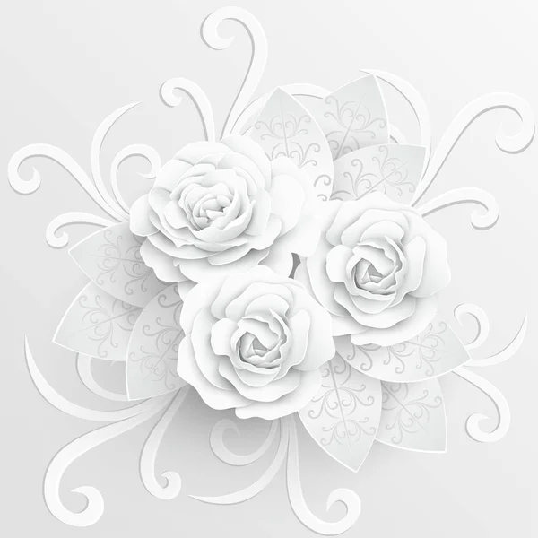 Papírvirág Papírból Vágott Fehér Rózsák Esküvői Dekoráció Dekoratív Menyasszonyi Csokor — Stock Vector