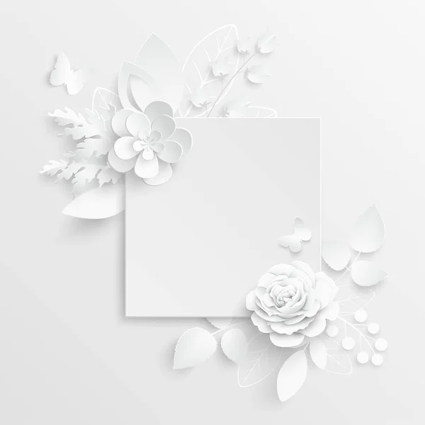 Бумажный Цветок Квадратная Рамка Абстрактными Срезанными Цветами Белая Роза Сердце — стоковый вектор