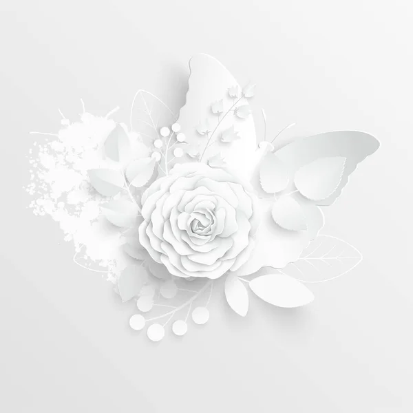Papierblume Weiße Rosen Aus Papier Geschnitten Hochzeitsdekoration Dekorativer Brautstrauß Isolierte — Stockvektor