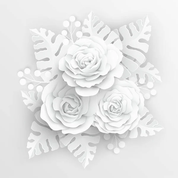 Papírová Květina Bílé Růže Vystřižené Papíru Svatební Dekorace Dekorativní Svatební — Stockový vektor