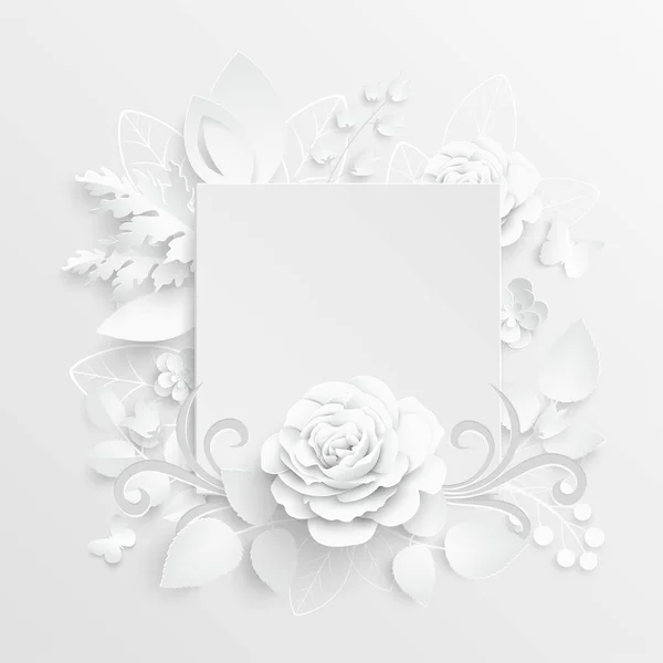 紙の花 抽象的な切り花の正方形のフレーム 白いバラ 心臓だ 結婚式の飾り 装飾的なブライダル花束 グリーティングカードのテンプレート ベクターイラスト — ストックベクタ