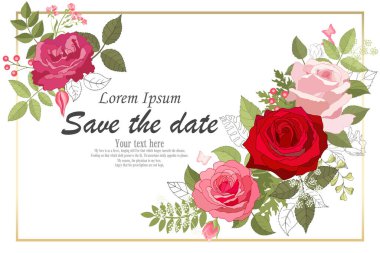 Gül zarif kartı. Karalama. Güzel bir buket pembe çiçek ve yapraklı kare çerçeve. Kalp. Çiçek kompozisyonu. - Lily. Düğün davetiyesi, doğum günü. Geçmişi. Vektör illüstrasyonu.