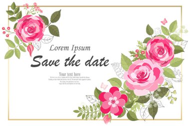 Gül zarif kartı. Karalama. Güzel bir buket pembe çiçek ve yapraklı kare çerçeve. Kalp. Çiçek kompozisyonu. - Lily. Düğün davetiyesi, doğum günü. Geçmişi. Vektör illüstrasyonu.