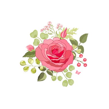 Beyaz arka plan üzerine kurulmuş klasik çiçekler. Gül zarif kartı. Güzel bir buket pembe çiçek ve yapraklar. Tebrik kartı ve düğün davetiyesi, doğum günü. Vektör çizimi. Kırmızı. 