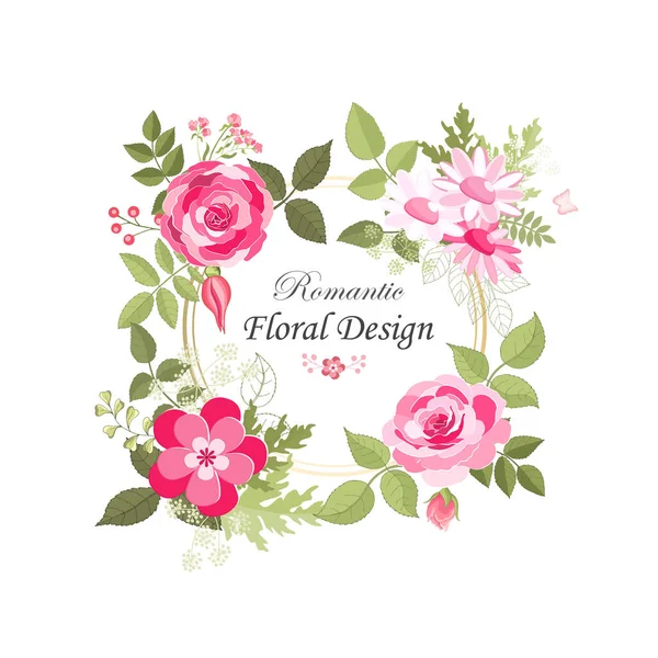 玫瑰精致的卡片 Doodle 圆形框架与美丽的粉红色花和叶子花束 花的组成 婚礼的邀请函 生日背景 矢量说明 — 图库矢量图片