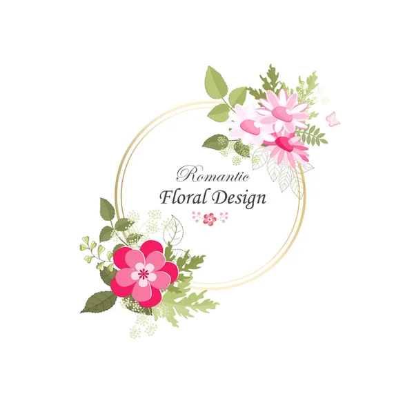 Rosa Cartão Elegante Doodle Quadro Redondo Com Belo Buquê Flores — Vetor de Stock