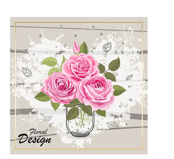 古色古香的花朵点缀在白色的背景上 玫瑰精致的卡片 美丽的粉红色花朵和树叶的花束 设计贺卡和婚宴请柬 矢量图解 — 图库矢量图片