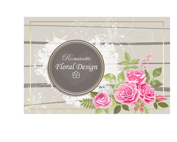 Κομψή Κάρτα Τριαντάφυλλου Ντούντλ Στρογγυλό Πλαίσιο Όμορφο Μπουκέτο Από Ροζ — Διανυσματικό Αρχείο