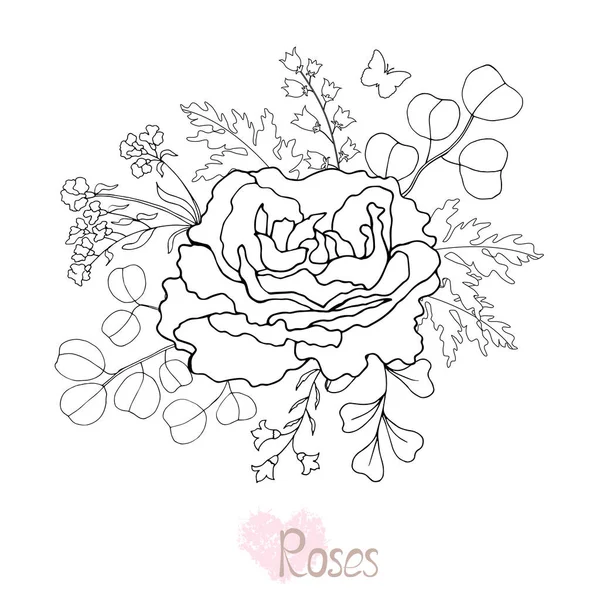 Beautiful Black White Rose Leaves Floral Arrangement Isolated Background Design — Stock Vector