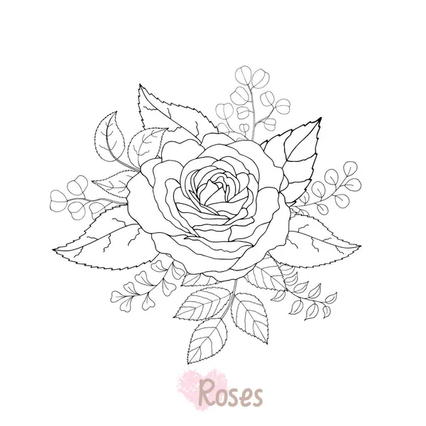 Черно Белые Розы Листья Цветочные Композиции Изолированы Заднем Плане Дизайн — стоковый вектор