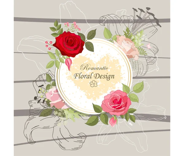 Rose Elegant Card Doodle Frame Beautiful Bouquet Pink Flowers Leaves — Stock Vector