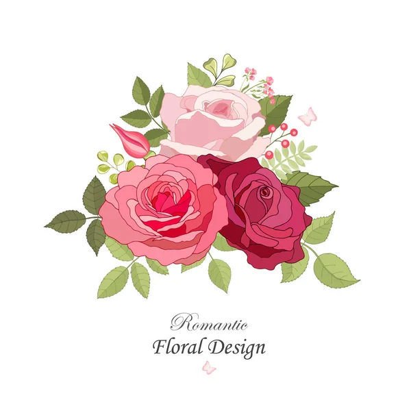 Flores Vintage Sobre Fondo Blanco Tarjeta Elegante Rosa Hermoso Ramo — Vector de stock